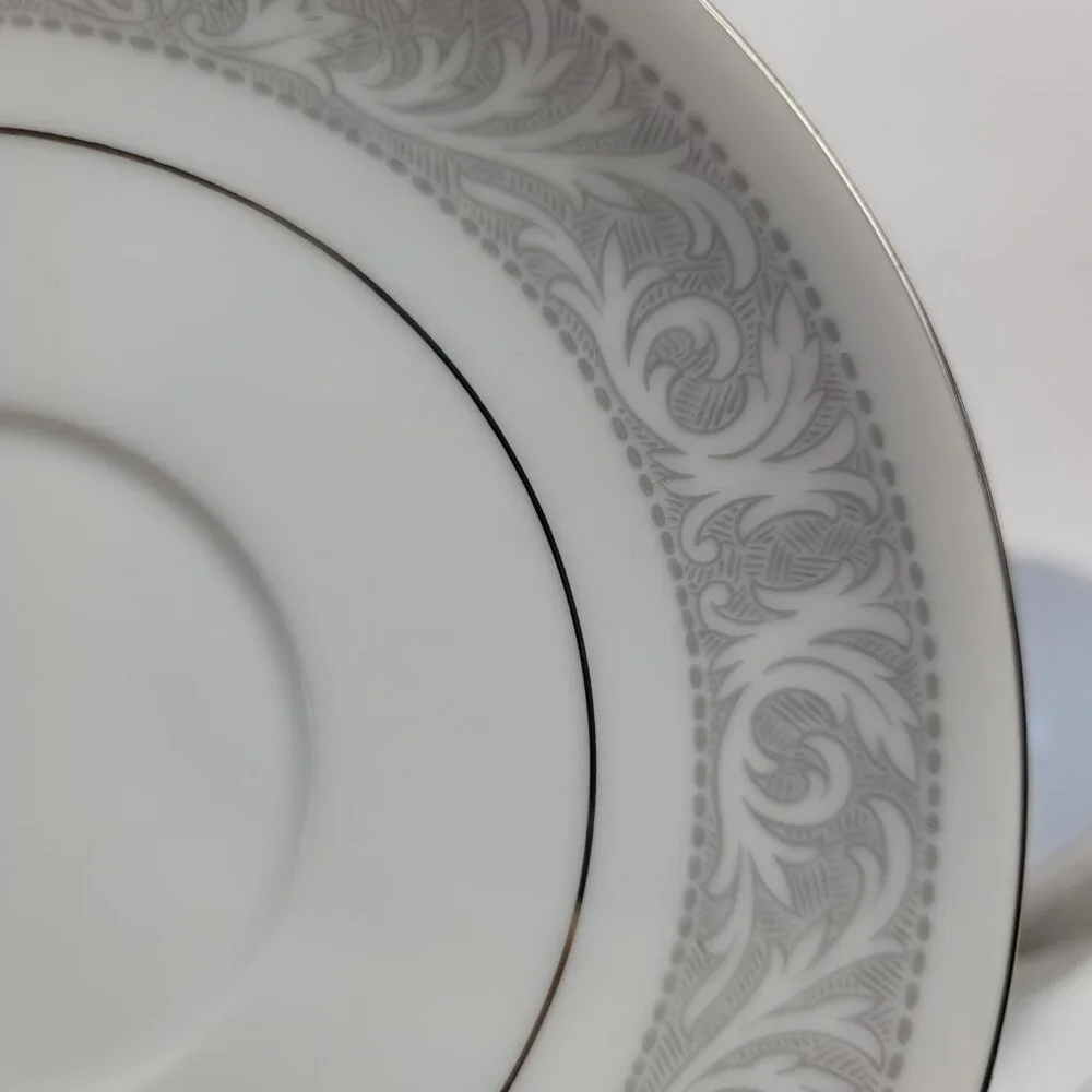 FOUR Imperial China Whitney Cup & Saucers White Gray Band Leaf Scrolls W. Dalton